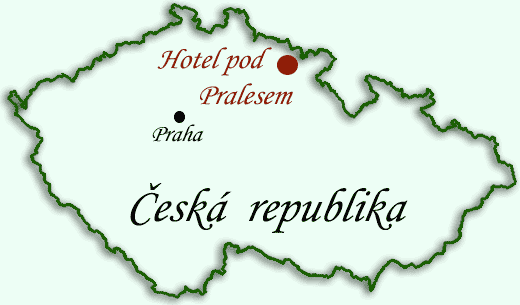 obrys České republiky s vyznačeným Hotelem pod Pralesem
